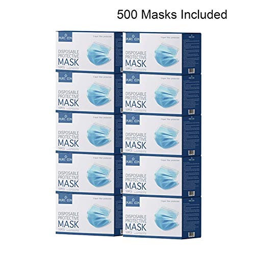 [500 Masks] Disposable Face Mask, 3-Ply Adult Masks, Single Use Facial Cover with Elastic Earloops For Home, Office, School, and Outdoors