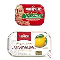 King Oscar Sardines Extra Virgin Olive Oil, 3.75 oz. cans (Pack of 12) + King Oscar Skinless & Boneless Mackerel in Olive Oil & Lemon, 4.05 oz. cans (Pack of 12)