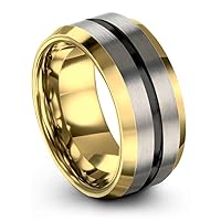 Tungsten Wedding Band Ring 10mm for Men Women Bevel Edge Grey 18K Yellow Gold Black Brushed Polished