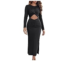 Long Sleeve Cocktail Party Dress for Women,Sexy V Neck Cut Out Bodycon Slit Midi Dress Elegant Formal Smocked Dress