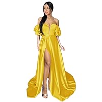 Womens Off Shoulder Long Prom Dresses with Sleeves Slit Corset Evening Party Ball Gowns for Women Formal