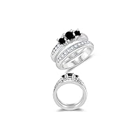 0.93-1.02 Cts Black Diamond Three Stone Engagement Ring & 0.53 Cts Diamond Wedding Band Set in 14K White Gold