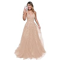 Laces Tulle Prom Dresses Spaghetti Straps V Neck Sparkly Formal Evening Party Gown for Women ZX08