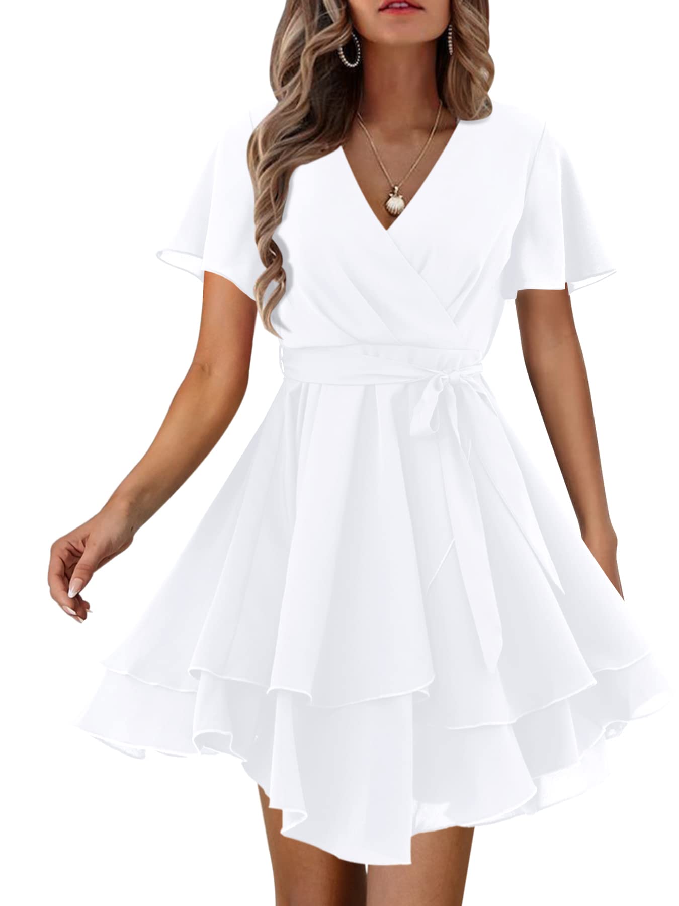 Amoretu Women's 2023 Summer Wrap Dress Short/Long Sleeve Casual V-Neck Ruffle Mini Dresses