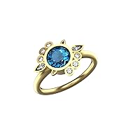 1 Ctw Round Natural Blue Topaz And Diamond Ring In 14k Solid Gold For Girls And Women 6 MM Topaz And 1.8 MM And 1.5x3 MM Diamond