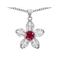 Round Created Ruby Flower Pendant Necklace Sterling Silver