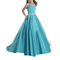 Girls Crystals Beaded Kids Ball Gowns Satin Girls Pageant Dresses with Pocket