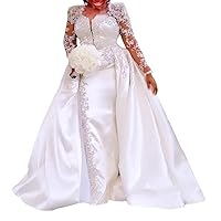 Customize African Satin Appliques Mermaid Women Ball Gown Wedding Dresses for Brides with Long Sleeves Train
