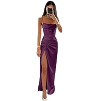 Satin Prom Dresses for Women 2024 Spaghetti Straps Pleated Split Mermaid Formal Dress Ball Gown JH27