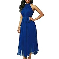 Women Summer Pleated Maxi Dress - Blue Plus Size Solid Color Belted Chiffon Dress Sleeveless Bohemian Round Neck Lo