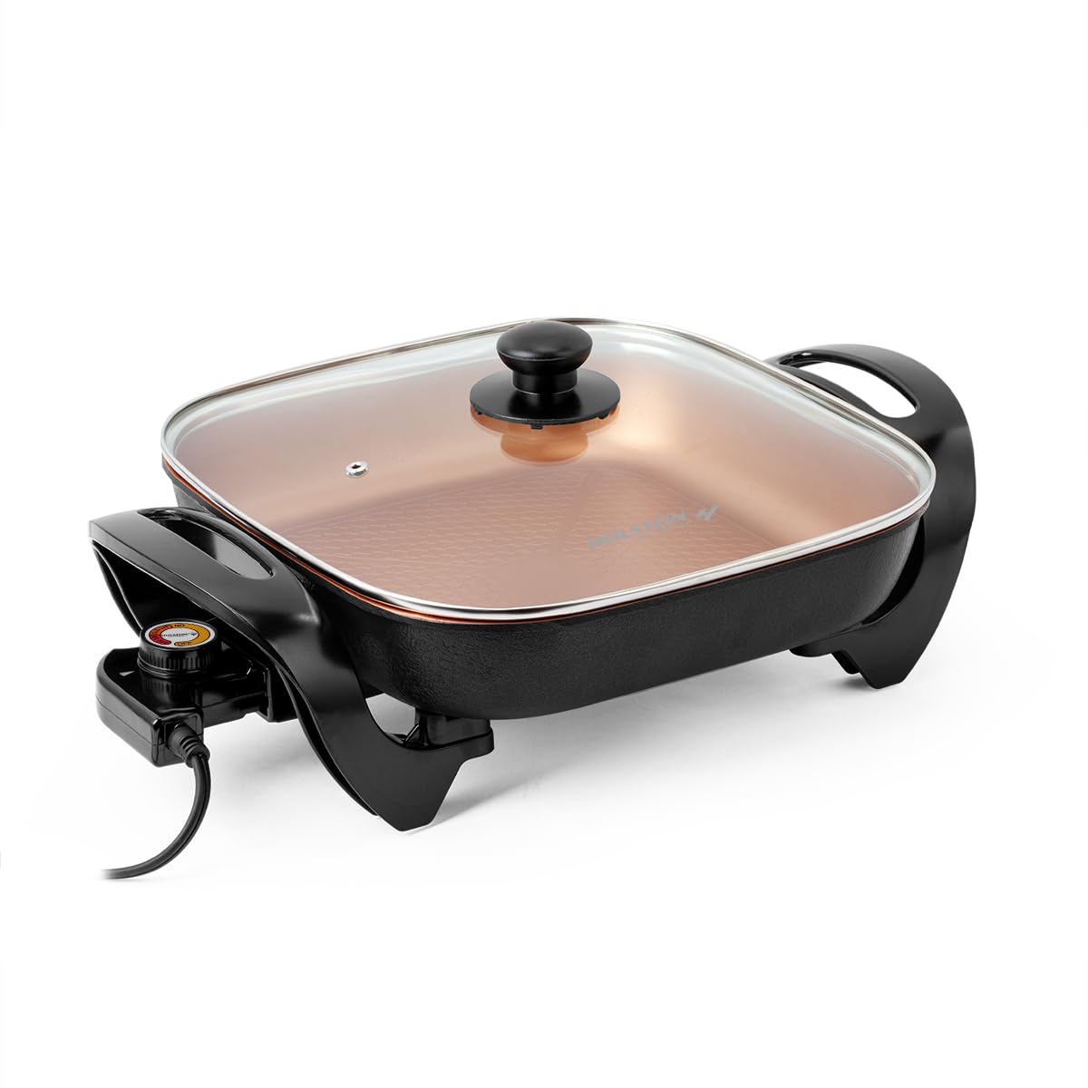 Holstein Housewares 12-Inch Electric Skillet and Frying Pan with Glass Lid, Non-Stick Coating, Temperature Control with Removable Heating Probe, Copper and Black Color