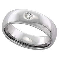 5-7mm Tungsten Carbide Domed Single Stone Diamond Wedding Band for Men and Women Polished Finish Comfort fit sizes 4 to 13