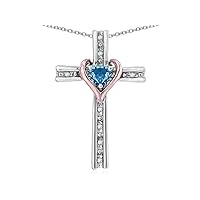 14k Rose Gold Two Tone Love Cross with Heart Stone Pendant Necklace