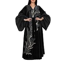 Casual Sequins Fleece Dress Puff Sleeve V-Neck Maxi Dress with Sashes Women Long Sleeve Casual Dress