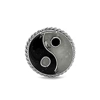 Ying Yang Round Chip Stone Inlay Ring Crushed Acrylic Silver Metal Adjustable Band - Zen Retro Fashion Handmade Jewelry Boho Accessories