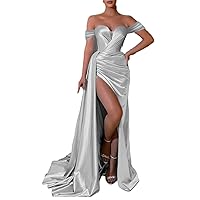 Mermaid Evening Gown Prom Party Dress Formal Wedding Guest Floor Length Short Sleeve Off Shoulder with Slit 2024