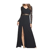 Womens Solid Splitting Dress Long Sleeve V-Neck Ankle-Length Lace Party Dress