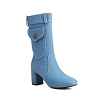 Vertundy Mid Calf Boots For Women Jeans Denim Patchwork High Heel Boots Pointed Toe Chunky Heeled Zipper Booties