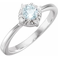 925 Sterling Silver Round 4.5mm Natural Sky Blue topaz I2 H+ 0.04 Carat Polished and .04 Diamond Ring Jewelry for Women