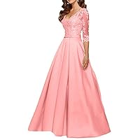 VeraQueen Women's V Neck Satin Prom Dress A Line Beaded Ball Gown with Sleeves Pink