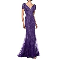 Women's Mermaid Long Prom Dresses Short Sleeves Lace Beaded Evening Party Gowns