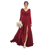 Chiffon Bridesmaid Dresses 2024 for Women with Slit V Neck Long Sleeve Flowy Formal Dresses with Pockets RO001