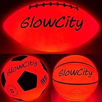 GlowCity Glow Balls for Kids - Pack of 3 with Official Sized Glow in The Dark Football, LED Basketball and Size 4 Light Up Soccer Ball - Spare Batteries Included