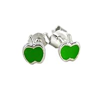 Enameled Apple Sterling Silver Stud Post Earrings, Green