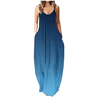 Fashion Gradient Casual Baggy Beach Sundress for Womens Summer V Neck Spaghetti Strap Cami Maxi Dresses with Pockets