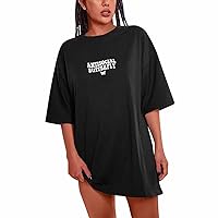 Women’s Casual Letter Graphic Print Short Sleeve Tunic Tops Round Neck Loose Tees Oversized Drop Shoulder T Shirts