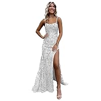 Sequin Mermaid Prom Dresses Long Lace Applique Backless Formal Evening Gown with Slit