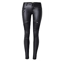 Aozu Low Waist PU Leather Black Pants Women Tight Skinny Motorcycle Denim Legging (Black, 40)