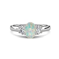 Center Opal Oval Cut 8x6 mm and Side Lab Grown Diamond 1.27 ctw Trellis Three Stone Engagement Ring 14K Gold