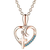 ABHI Round Cut Blue Topaz 925 Sterling Silver 14K Gold Finish Diamond Cross Heart Pendant Necklace for Women's & Girl's