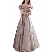 A-Line Sparkle Wedding Guest Dress Off Shoulder Floor Length Short Sleeve Evening Dress with Sequin Ruffles 2024