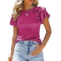 SHEWIN Womens Summer Tops Crewneck Ruffle Short Sleeve T Shirts Casual Slim Fit