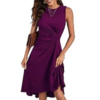Women's Summer Casual Party Dress Round Neck Ruched Front Solid A-Line Sleeveless Dress