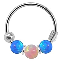 Dark Blue with Pink Opal Bead in Center 22 Gauge - 8mm Diameter 925 Sterling Silver Nose Ring Hoop Piercing Jewelry