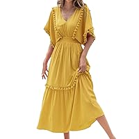 Women's Solid Color Maxi Dress Casual Loose V-Neck Dress Short Sleeves Boho Long Dresses