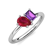 Pear Shape Lab Created Ruby & Emerald Shape Amethyst 2.43 ctw Four Prong Women 2 Stone Duo Engagement Ring 14K Gold