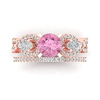 Clara Pucci 1.94 carat Round Shape Solitaire 3 stone Pink Zircon Engagement Wedding Anniversary Bridal ring band set 14k Rose Gold