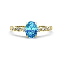 Blue Topaz Oval Shape 1.20 ctw (7x5 mm) Solitaire Plus accented Natural Diamond Engagement Ring using Prong setting in 14K Gold.