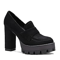 MOOMMO Women Chunky High Heel Platform Loafer Shoes Slip On Closed Round Toe Suede Leather Dress Pumps Lug Sole Block Heel Platform Chunky Oxford Shoes Fashion Office Formal Casual Wedding 4-11 M US