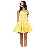 Homecoming Dresses for Teens Short A line Backless Semi Formal Satin Cocktail Dress with Pockets Z020