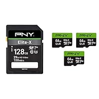 PNY 128GB Elite-X Class 10 U3 V30 SDXC Flash Memory Card + PNY 64GB Elite-X Class 10 U3 V30 microSDXC Flash Memory Card (3 Count) Bundle