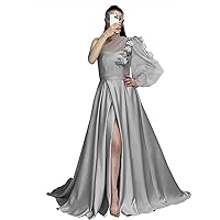 Tulle One Sleeve Prom Dresses Satin Appliques Ball Gown A-Line Formal Evening Gown with Slit