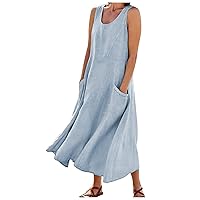 Womens Linen Dresses Linen Dresses for Women 2024 Solid Color Classic Casual Loose Fit with Sleeveless U Collar Pockets Summer Dress Blue XX-Large