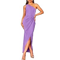 Caracilia Women's 2024 One Shoulder Sleeveless Cocktail Dress Sexy High Slit Ruched Bodycon Wedding Guest Maxi Dresses
