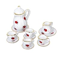 15Pcs 1/12 Doll House Miniature Dining Ware Porcelain Tea Set Dish Cup Plate Ladybug Print Miniature Tea Set