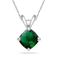 Lab Created Cushion Checkered Russian Emerald Solitaire Pendant in 14K White Gold Available in 7mm - 10mm